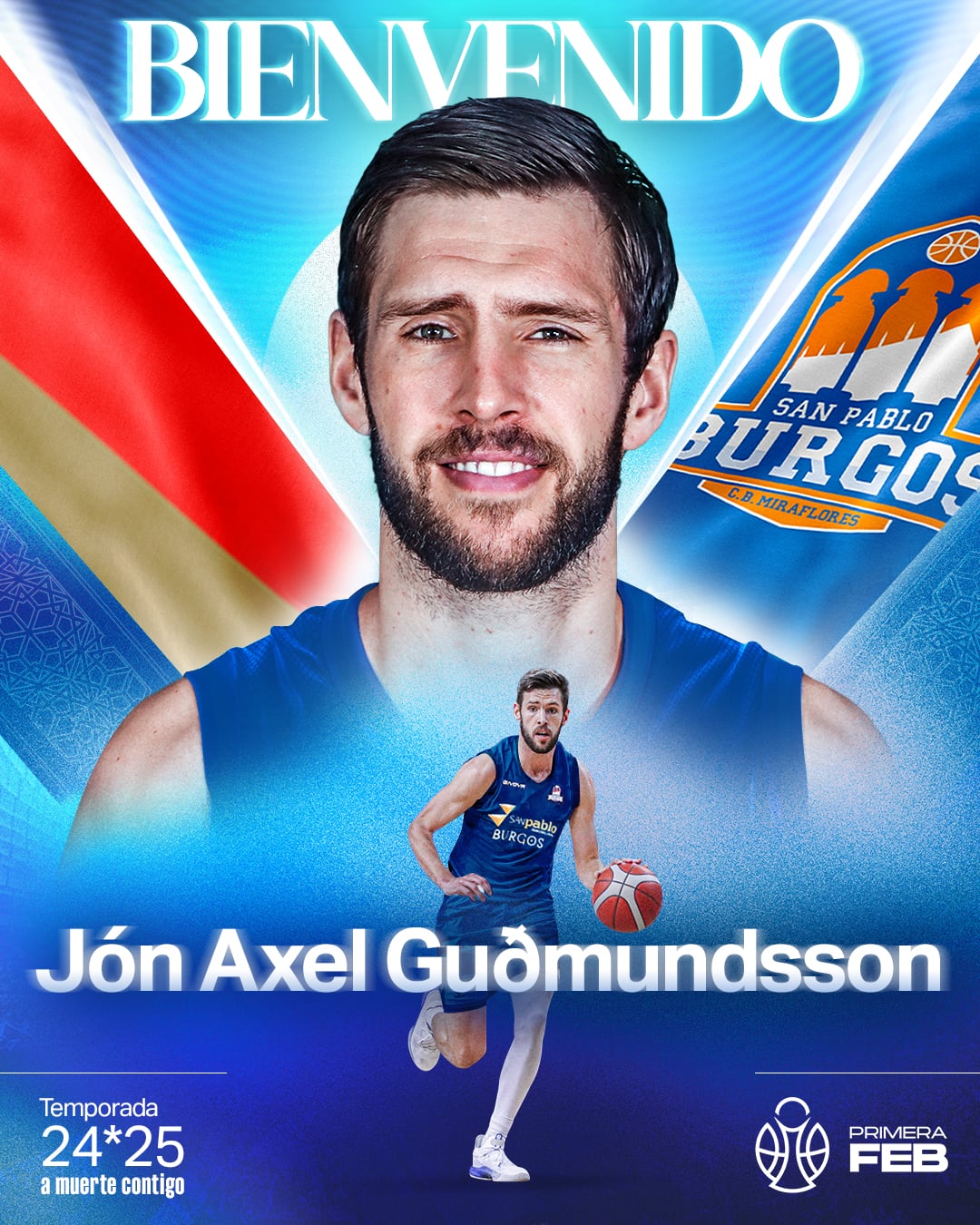 Creatividad del San Pablo Burgos anunciando el fichaje de Jon Axel Gudmundsson.