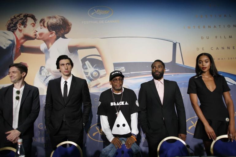 Conference for the film &quot;BlacKkKlansman&quot; in competition - Cannes, France, May 15, 2018. Director Spike Lee with cast members Adam Driver, Topher Grace, Laura Harrier, John David Washington