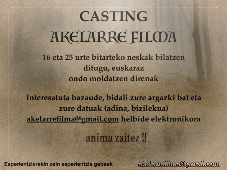 Se buscan chicas euskeraparlantes de entre 16 y 25 años de edad para la película &#039;Akelarre&#039;.