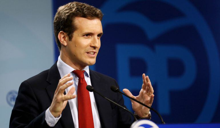 El portavoz del Partido Popular, Pablo Casado, durante una rueda de prensa en la sede del PP en Madrid.