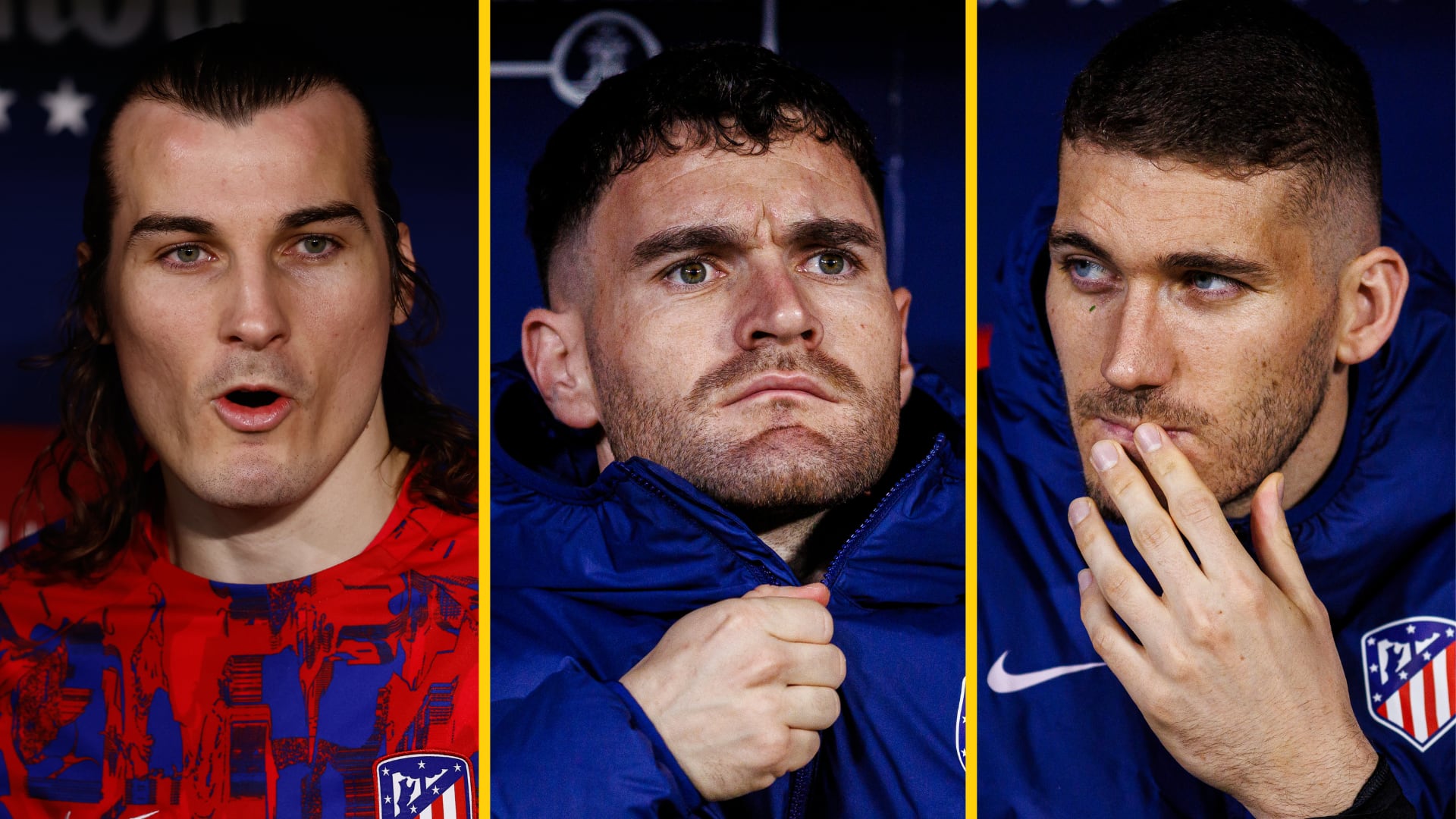 En un montaje, Soyuncu, Javi Galán e Ivo Grbic, durante un partido del Atlético de Madrid