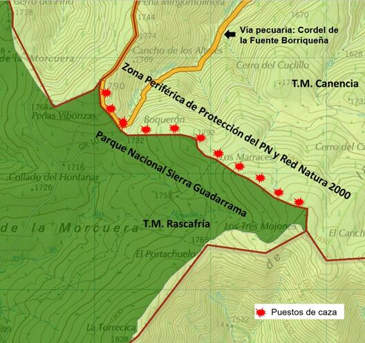 Mapa con la situación de los puestos de caza en el paso El Boquerón, en el límite con el Parque Nacional de la Sierra de Guadarrama
