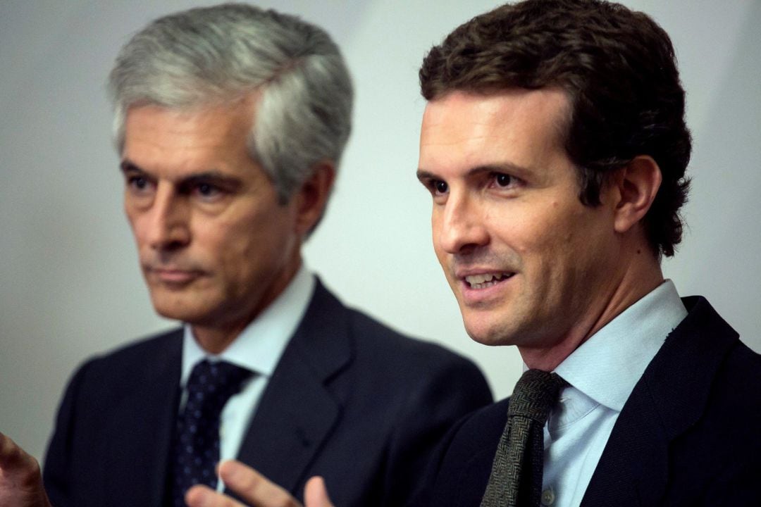 El presidente del Partido Popular, Pablo Casado (d) junto al presidente de la Fundación Concordia y Libertad, Adolfo Suárez Illana, durante la reunión celebrada hoy en Madrid