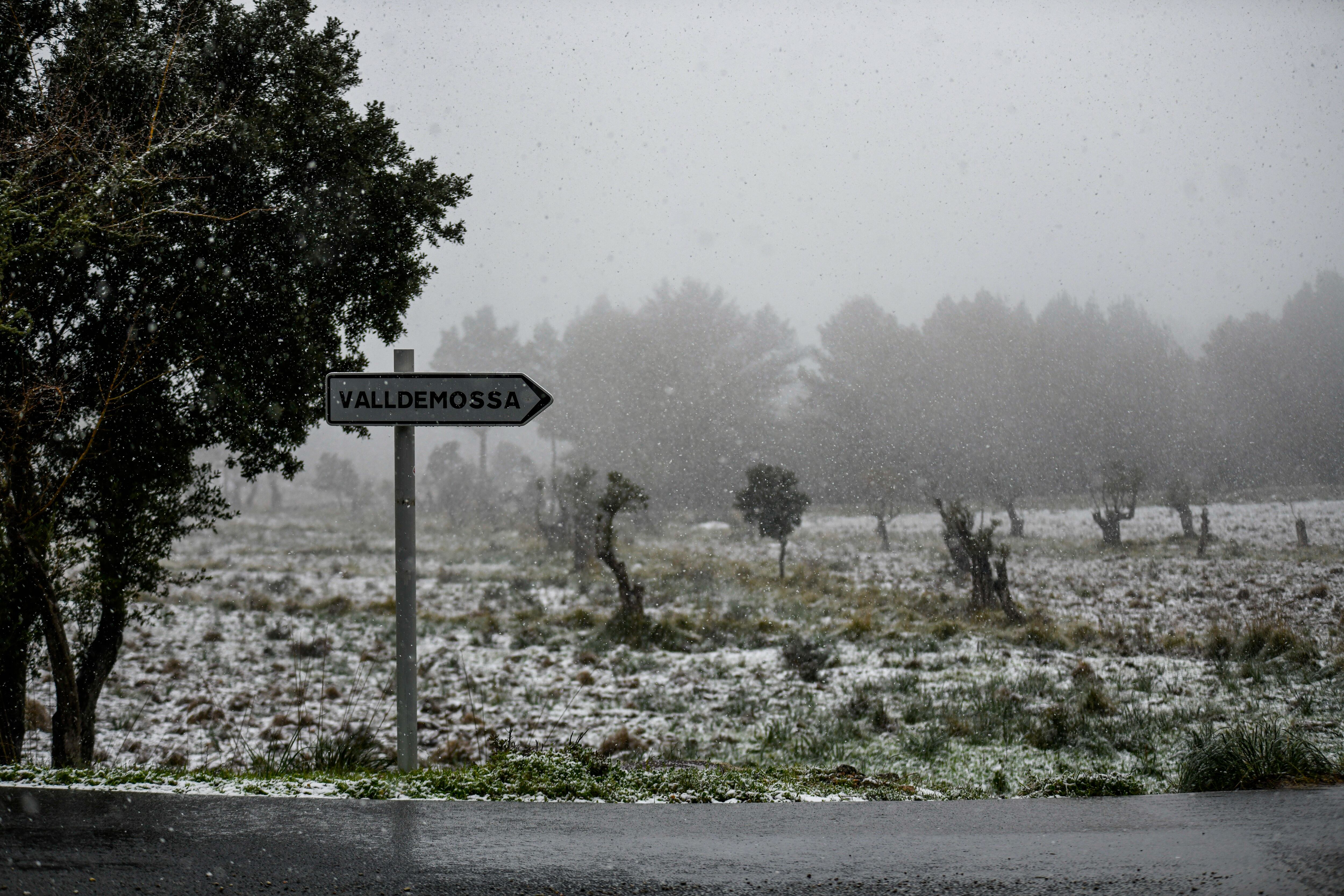 GRAF1586. VALLDEMOSSA (ISLAS BALEARES), 27/02/2023.- Vista de los campos de la región mallorquina de Valldemossa cubiertos por la nieve caída. La Agencia Estatal de Meteorología (Aemet) prevé para este lunes en Baleares cielos nubosos o cubiertos con precipitaciones que pueden ser fuertes y persistentes, e ir acompañadas de tormenta y de granizo pequeño. EFE/CATI CLADERA
