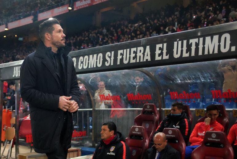 Manager Diego Simeone of Club Atletico de Madrid takes his place on the players bench ahead of the La Liga match between Club Atletico de Madrid and RC Deportivo La Coruna