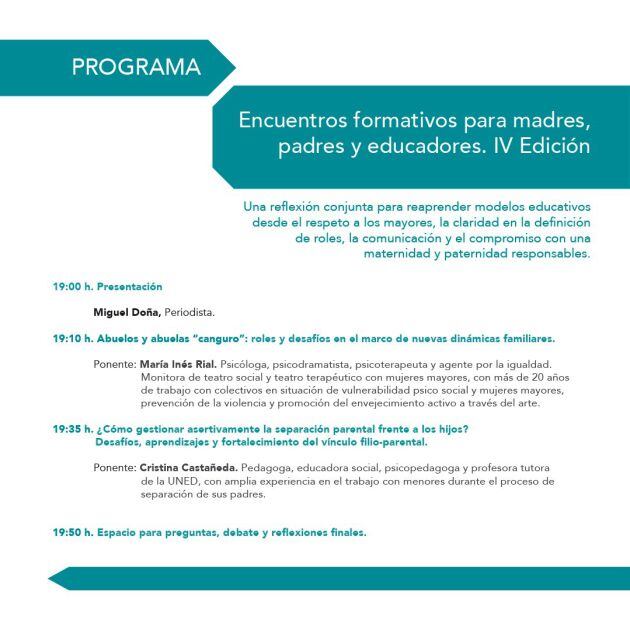 Programa del IV Encuentro formativo para madres, padres y educadores