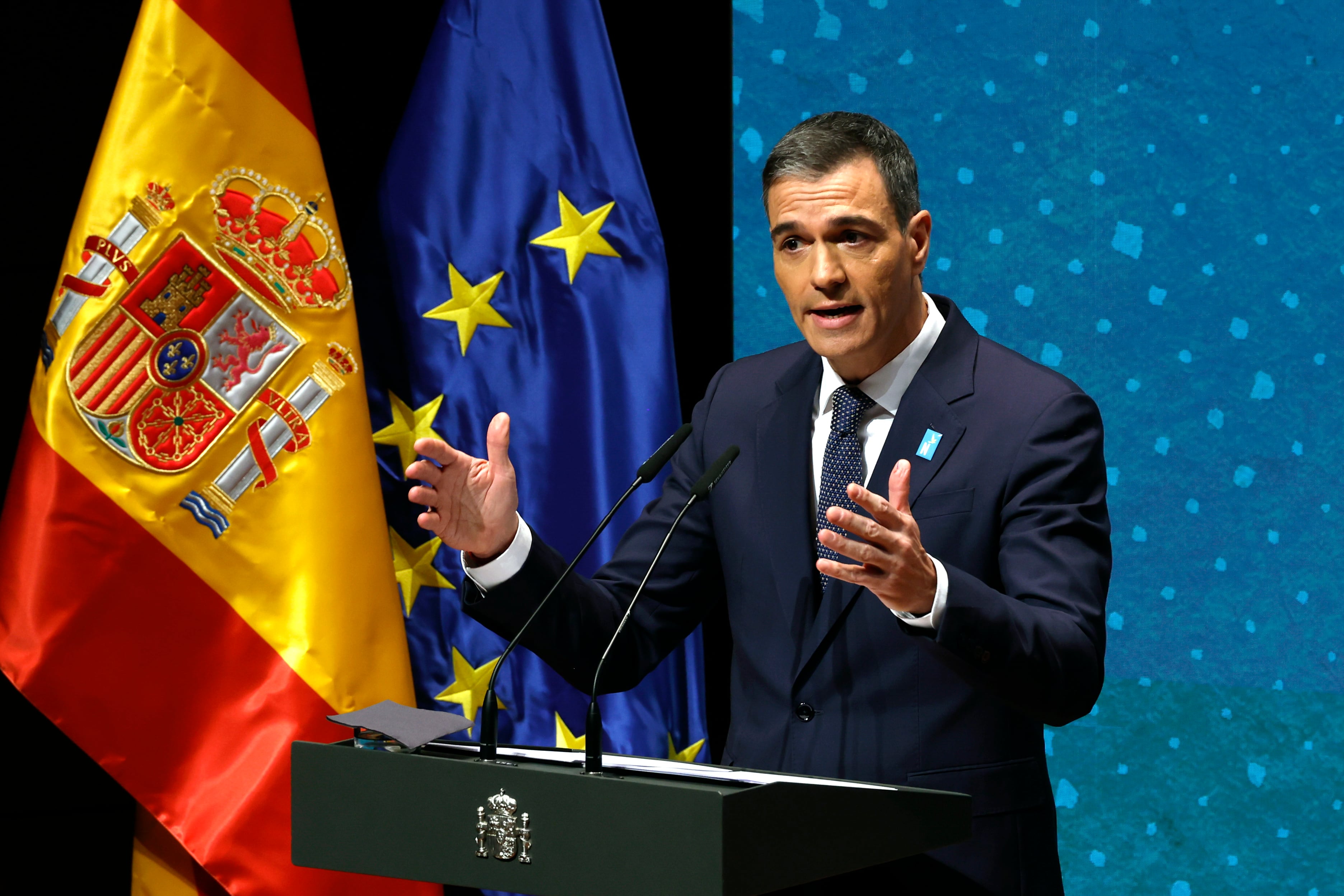 El presidente del Gobierno, Pedro Sánchez, durante su intervención el primer acto por el 50 aniversario de la muerte de Franco y el inicio del proceso hacia la democracia.