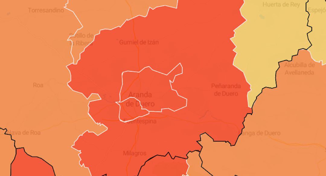 El mapa de Sanidad de la incidencia por zonas de salud sitúa en rojo las dos áreas de Aranda y la de Aranda Rural