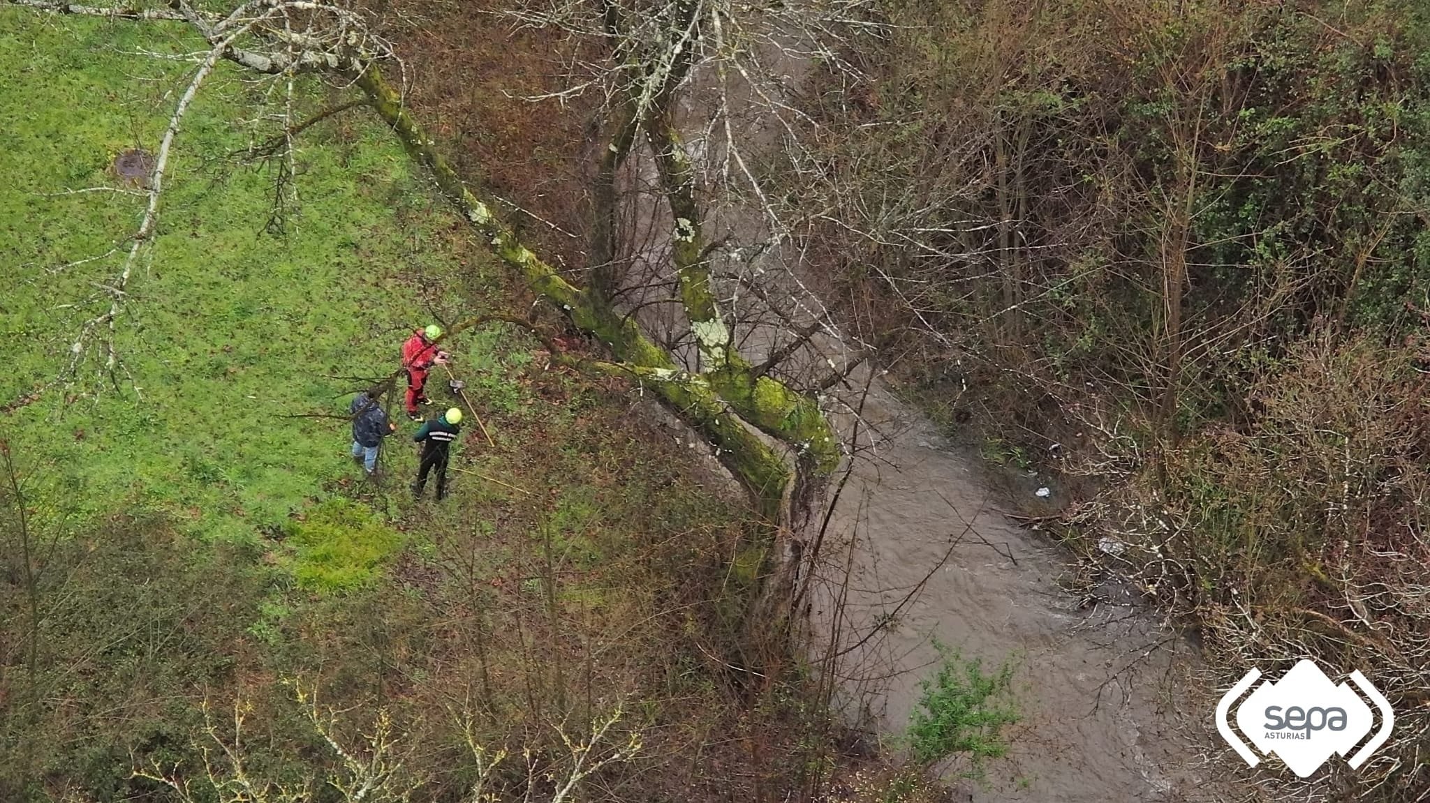Imágenes del operativo de búsqueda de la mujer que cayó a un río en San Martín del Rey Aurelio (Asturias).