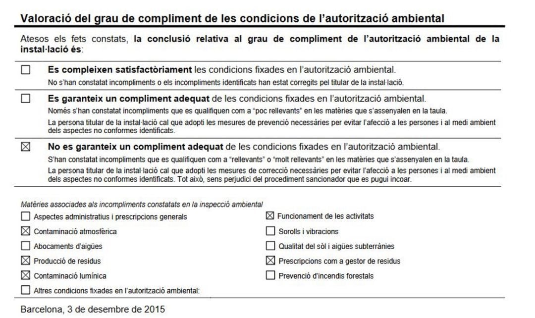 Informe de la Generalitat sobre incompliment de les condicions fixades en l'autorització ambiental d'una de les empreses investigades