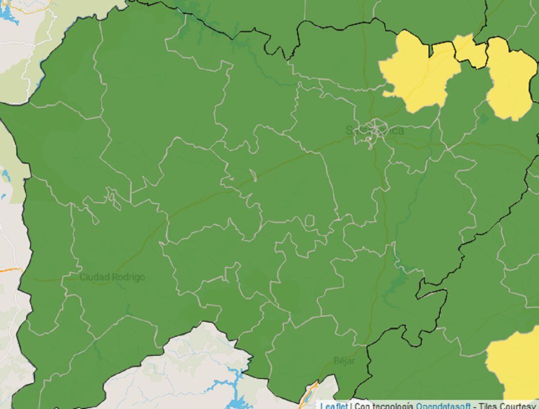 Mapa de la incidencia del coronavirus en la provincia de Salamanca en las últimas dos semanas.