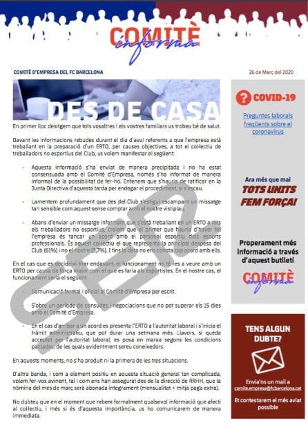 Comunicado del comité de empresa del Barcelona sobre el ERTE a los trabajadores del club