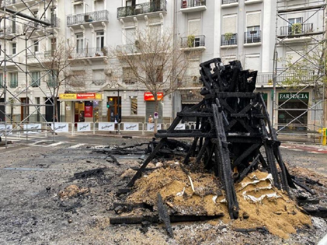 Así ha amanecido este lunes el cruce de calles donde planta la falla de Reino de Valencia