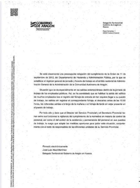 Carta enviada a los responsables de los servicios provinciales de la DGA en Huesca