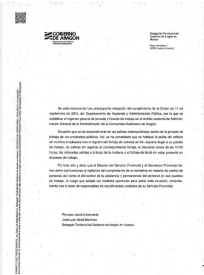Carta enviada a los responsables de los servicios provinciales de la DGA en Huesca