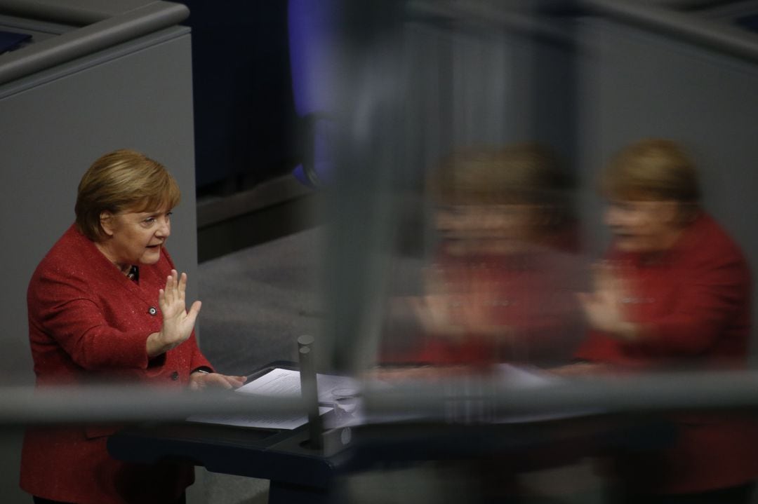 Angela Merkel, durante una conferencia en el Bundestag