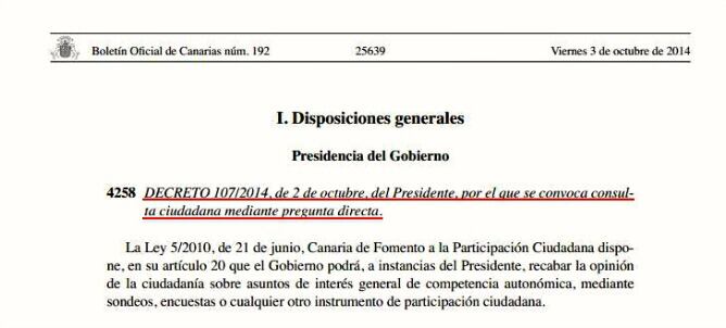 Captura del decreto del BOC por el que se convoca la consulta