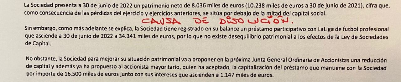 Causa de disolución en las cuentas del VCF 21/22.