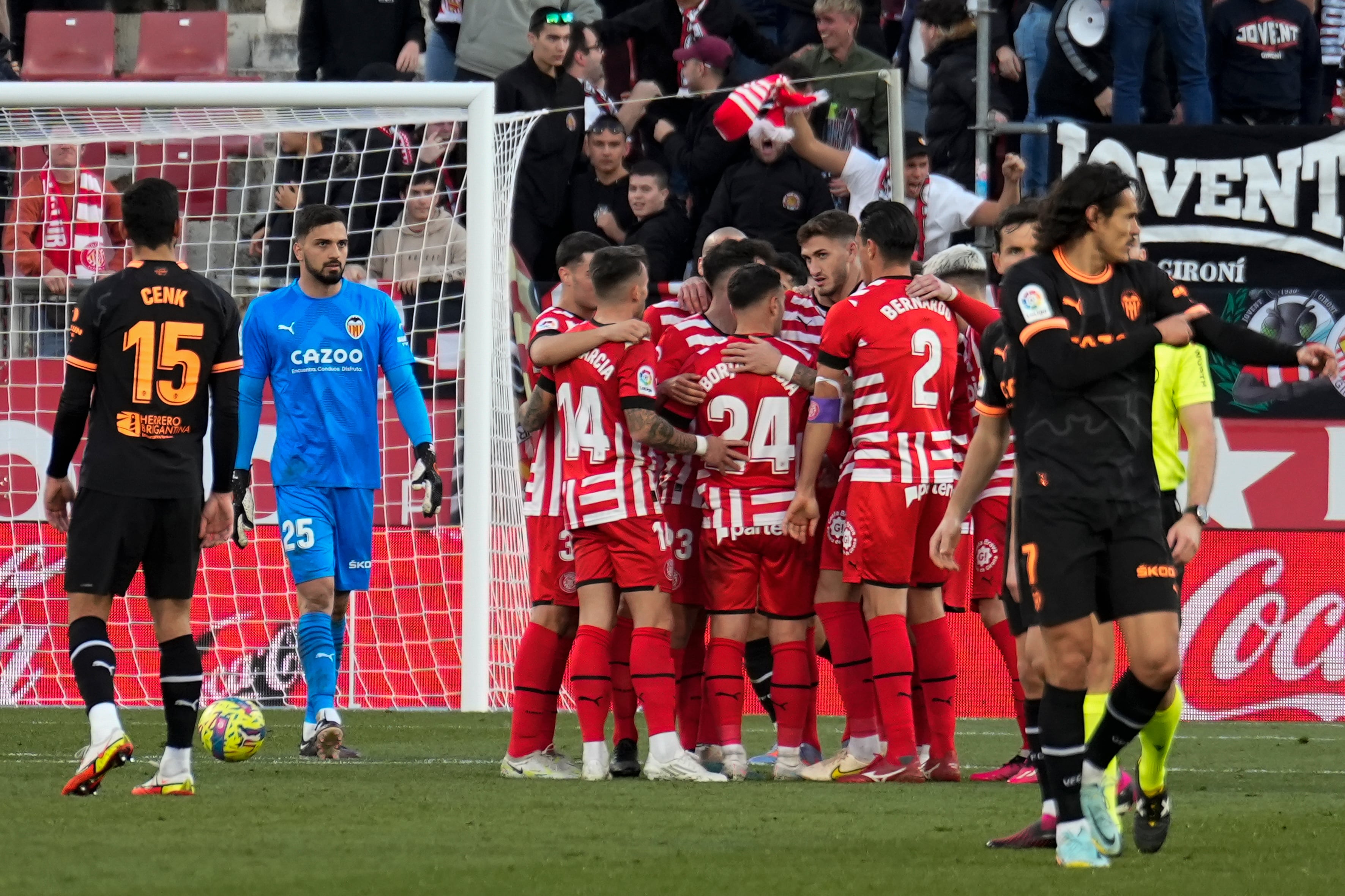 GIRONA, 05/02/2023.- El jugador del Girona FC Borja García (24) celebra el gol conseguido ante el Valencia durante el partido de LaLiga Santander que se disputa este domingo entre Girona FC y Valencia CF, en el estadio municipal de Montilivi de Girona. EFE/David Borrat