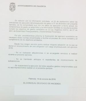 Escrito del Concejal de Hacienda de Palencia, David Vázquez