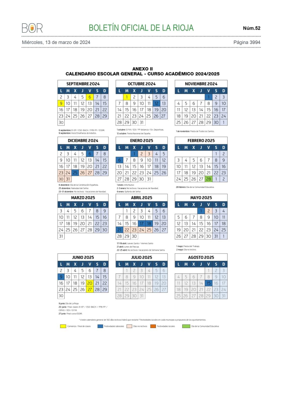 Calendario escolar publicado en el Boletín Oficial de La Rioja