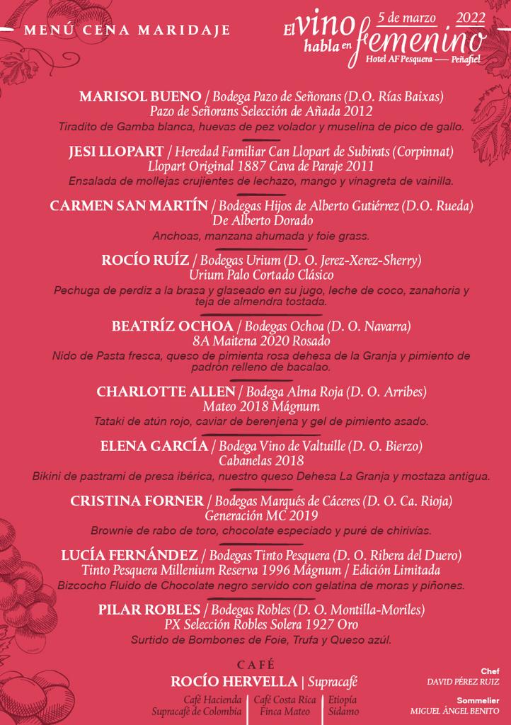 Listado de vinos y maridaje del evento AF Pesquera