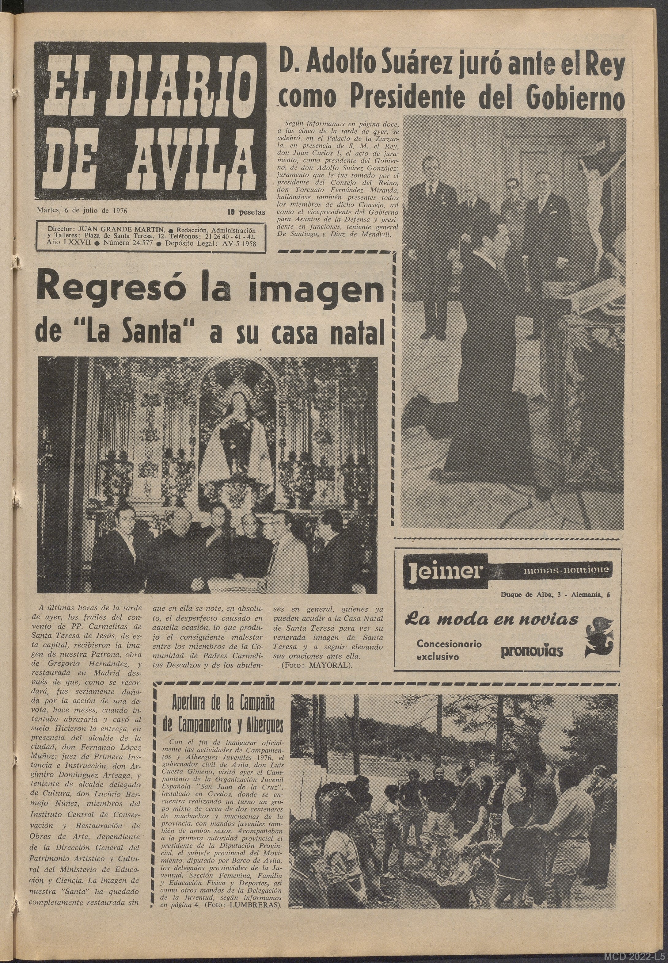 Portada de El Diario de Ávila donde se informa de la toma de posesión de Adolfo Suárez y el regreso de la imagen de la Santa