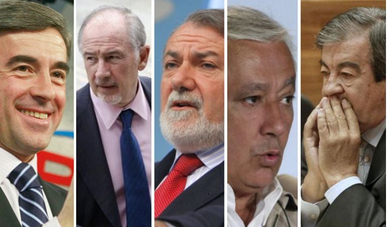 De izquierda a derecha, Ángel Acebes, Rodrigo Rato, Jaime Mayor Oreja, Javier Arenas y Francisco Álvarez Cascos.