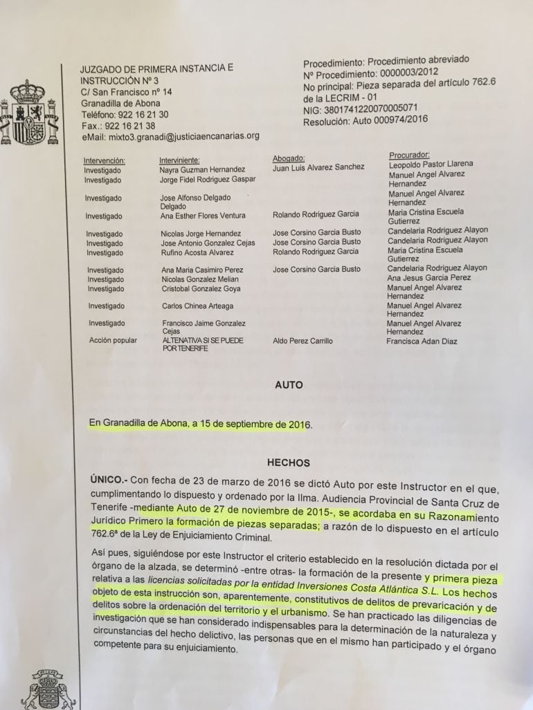 Auto judicial en el que aparece investigado el alcalde de Granadilla de Abona, Jaime González Cejas. 