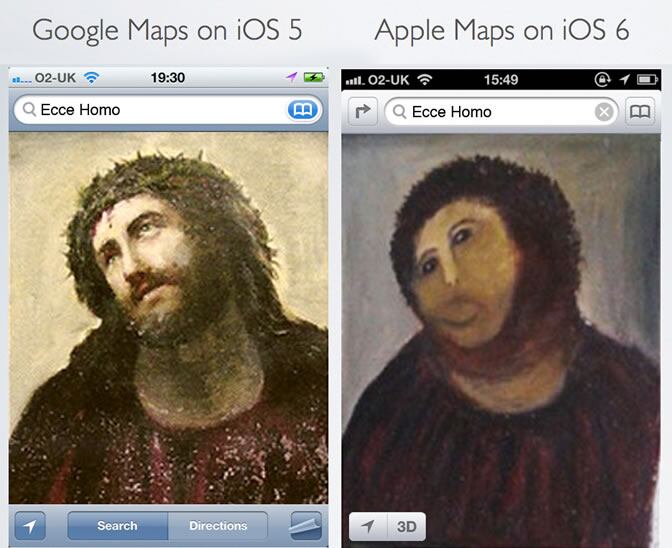 El portal All Things Digital, del grupo The Wall Street Journal, utilizó la popular imagen del &quot;eccehomo&quot; de Borja, en España, para comparar Apple Maps y Google Maps