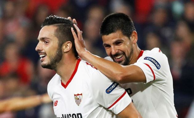 Nolito celebra su gol, con Sarabia