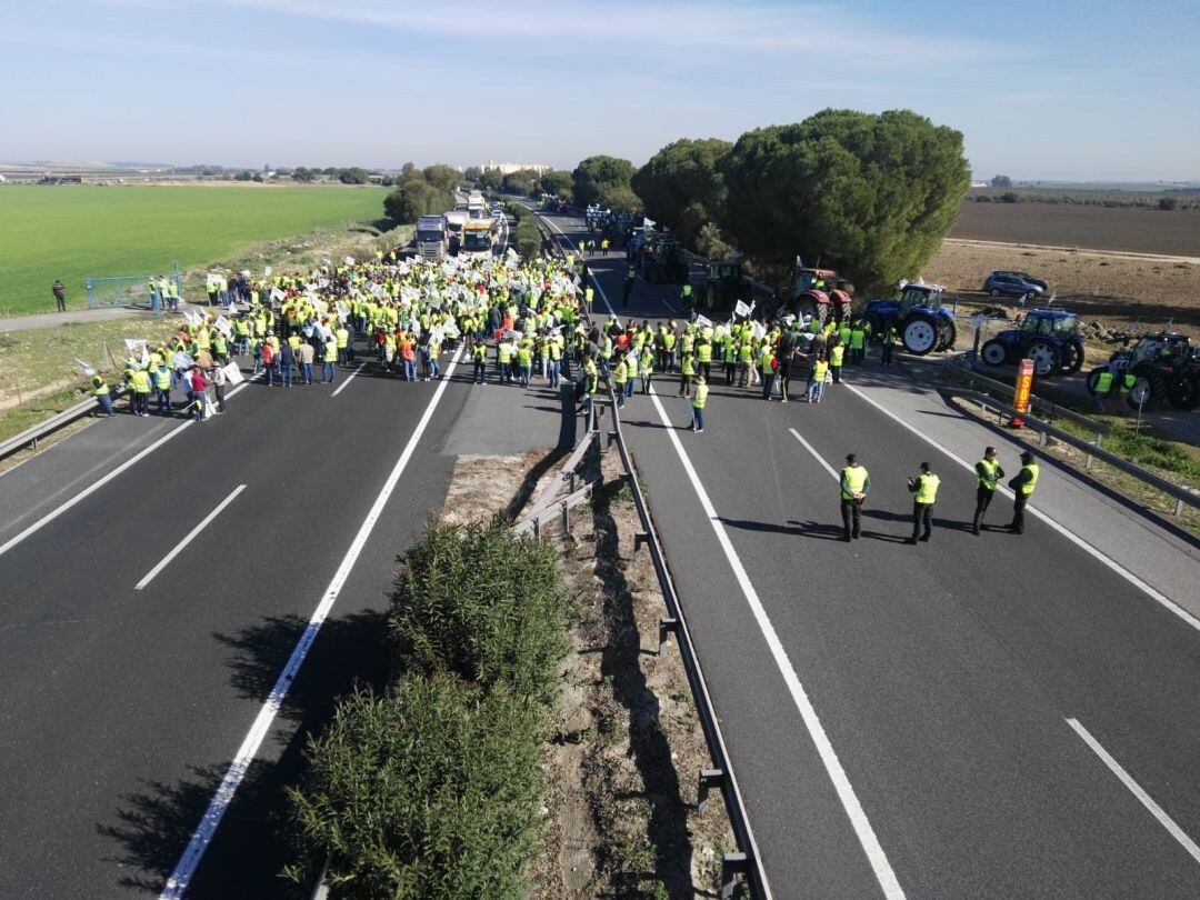 Concentración de los agricultores en la AP-4, a la altura de Lebrija, cortando la carretera