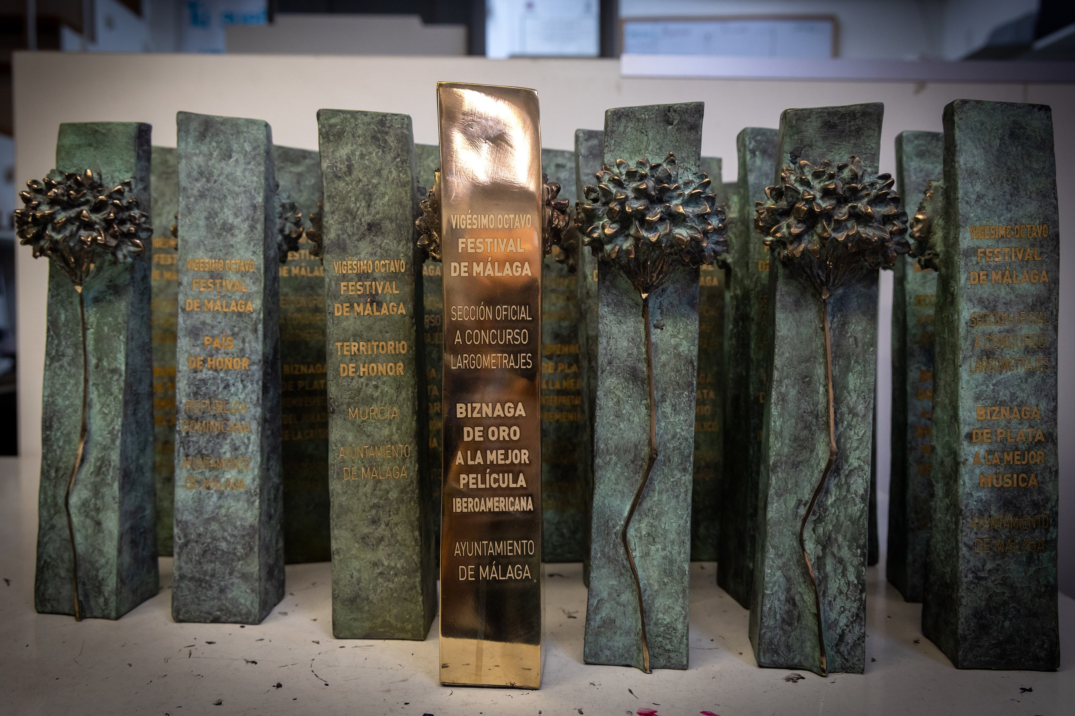 GRAFAND6880. MÁLAGA, 11/03/2025.- Algunas de las Biznagas del Festival de Cine de Málaga, el premio que se otorga a los ganadores, ya acabadas y realizadas en el taller de joyería artesana Hago en la capital malagueña. En vísperas ya del 28 Festival esta empresa, que las elabora desde el 2009, se afana en darle los últimos toques a las Biznagas de Plata de las distintas categorías y a los dos premios mayores, las Biznagas de Oro que se otorgan al mejor largometraje español y al mejor iberoamericano, respectivamente.EFE/Álvaro Cabrera