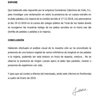 El informe remitido al colegio 