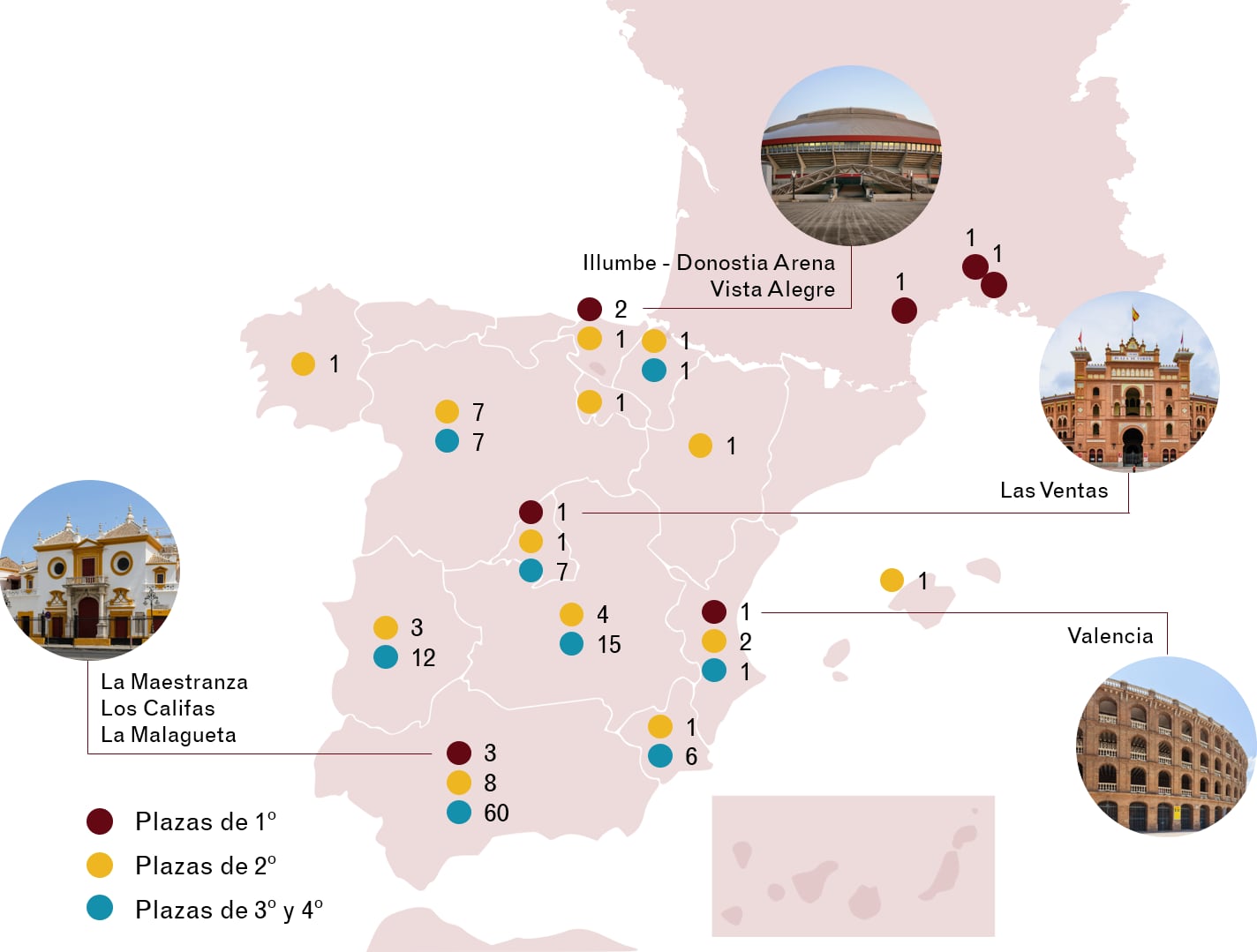 Mapa de las plazas de toros representadas por ANOET