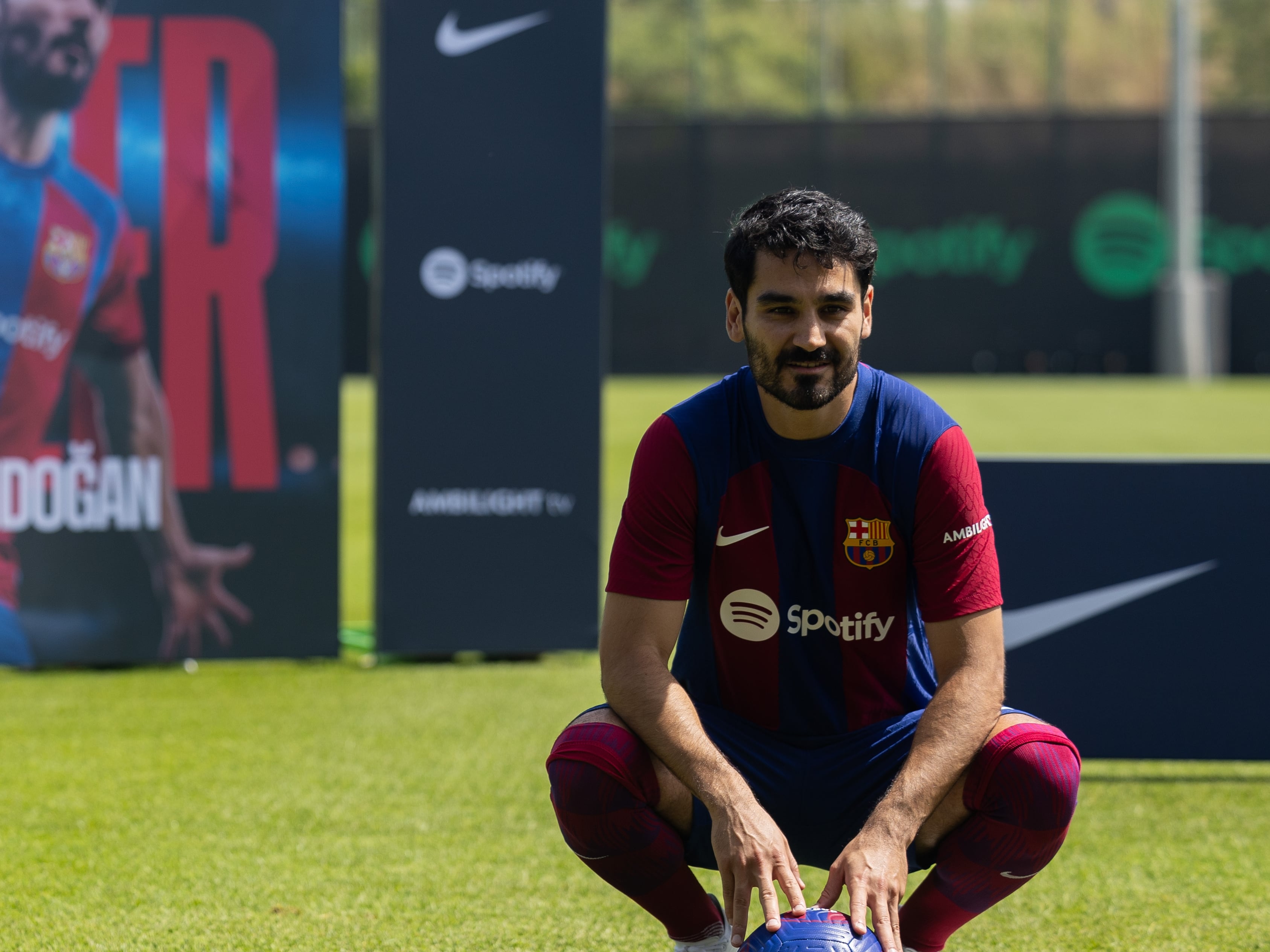 BARCELONA, SPAIN - JULY 17: FC Barcelona&#039;s newly-signed German midfielder Ilkay Gundogan poses for pictures with FC Barcelona&#039;s President Joan Laporta (not seen) during his official presentation at the Joan Gamper training ground in Sant Joan Despi on July 17, 2023. (Photo by Adria Puig/Anadolu Agency via Getty Images)