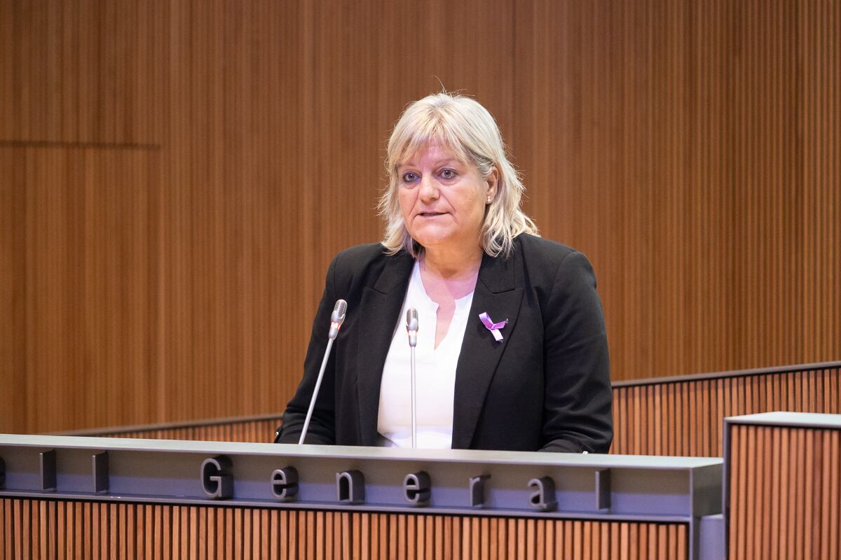 La consellera demòcrata, Berna Coma, defensant la proposta d'acord de creació de la Xarxa de dones parlamentària en la sessió de Consell General d'aquest dijous.
