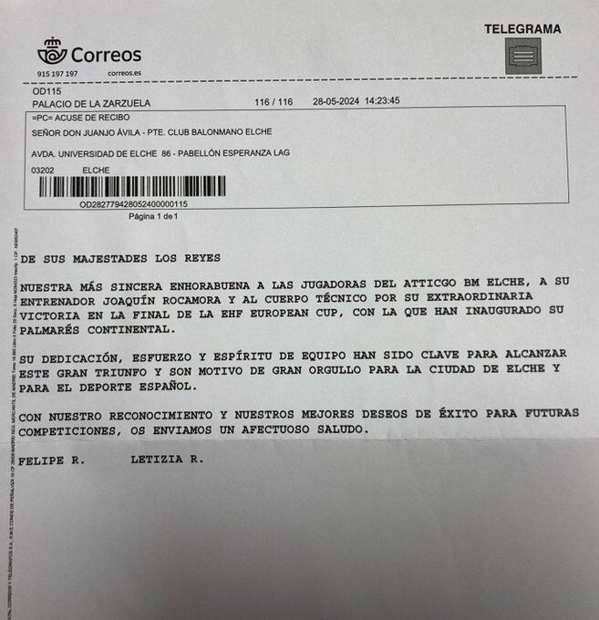 El escrito de la Casa Real remitido al Club ilicitano por su título de la Euro Cup