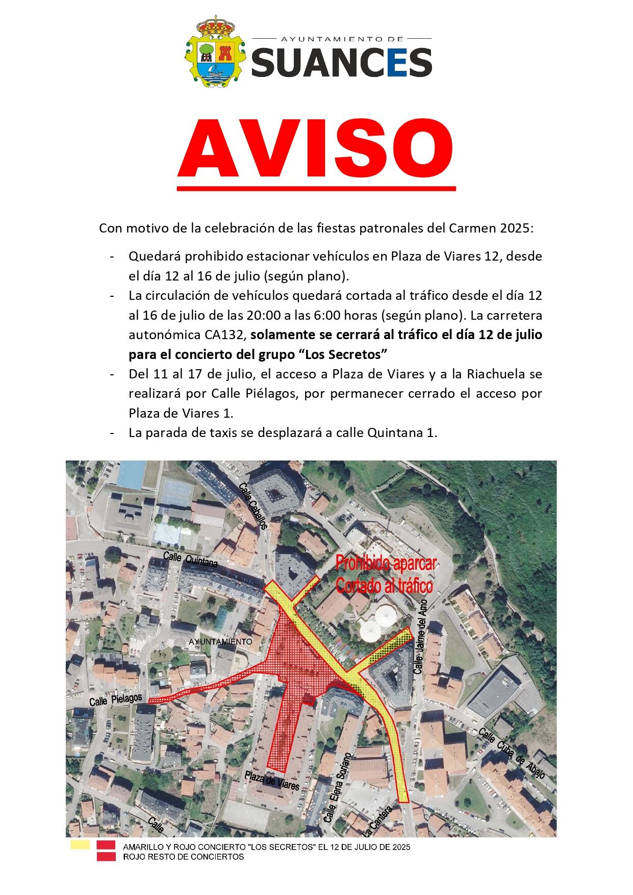 El Ayuntamiento de Suances informa de los cortes y restricciones de tráfico previstos a partir de este viernes 12 de julio.