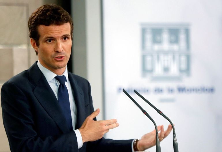 El líder del PP, Pablo Casado, durante la rueda de prensa 