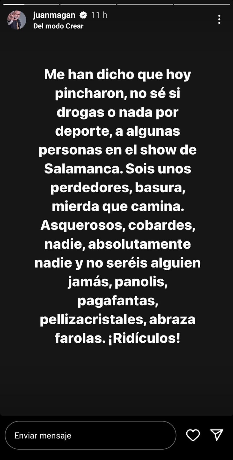 Juan Magán ha compartido una story a través de su perfil de Instagram en el que ha mostrado su repulsa a los pinchazos en su concierto de Salamanca