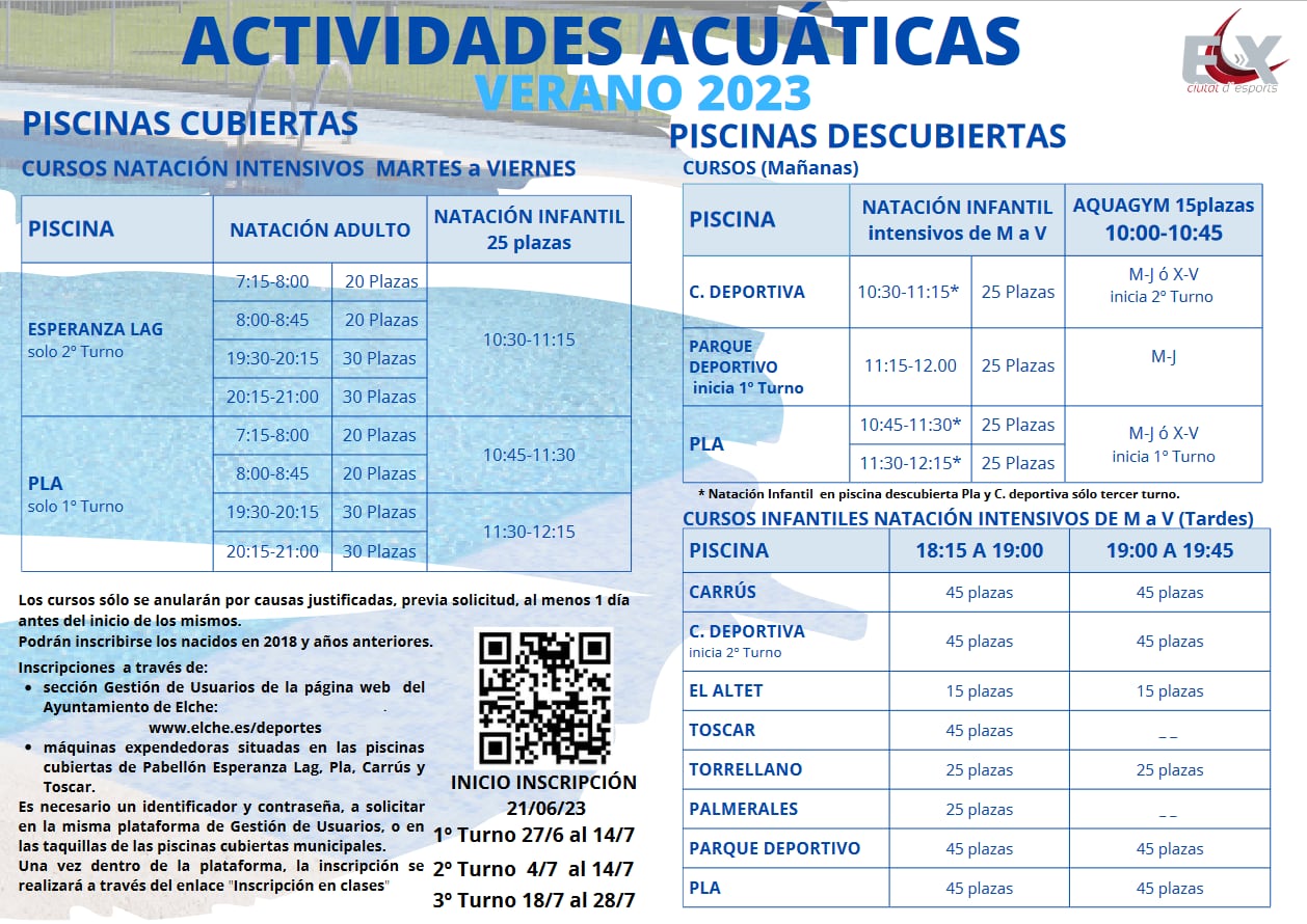 Horario de las actividades acuáticas de 2023 del Ayuntamiento de Elche