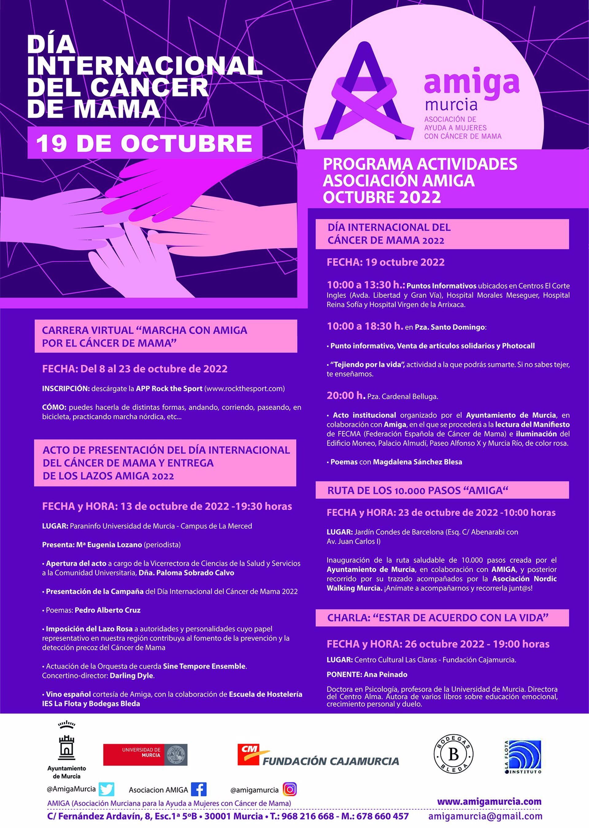 Cartel de las actividades previstas con motivo del Día Internacional del Cáncer de Mama, organizadas por la Asociación Amiga Murcia