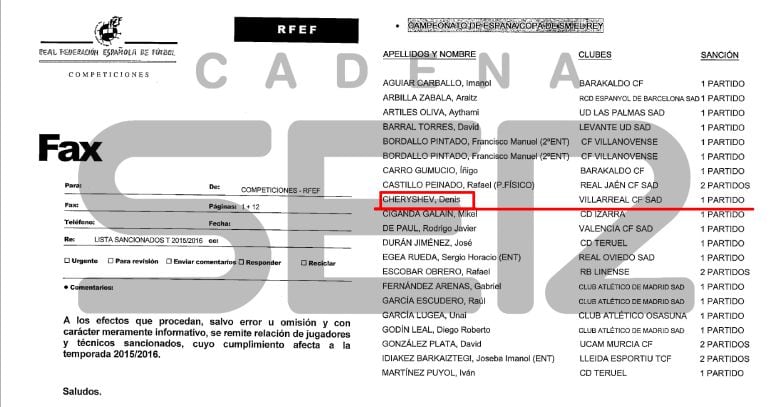 Parte del fax en el que la Federación avisa en agosto de la sanción de Cheryshev 