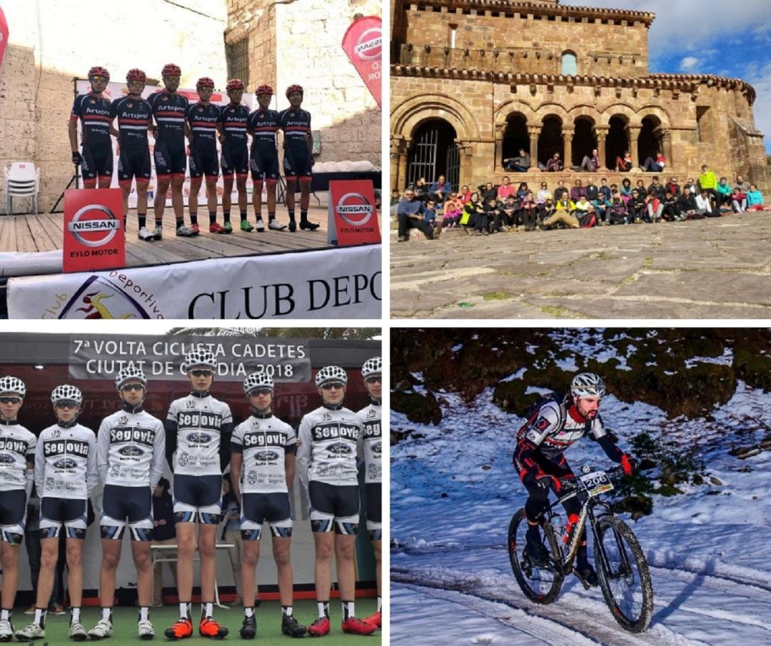 El Artepref Team (arriba d.), los cadetes y júnior del CC Arandino (arriba d.), los cadetes del 53X13 segoviano y el arandino Iván Unsión en la Maratón BTT Sierra de Madrid.