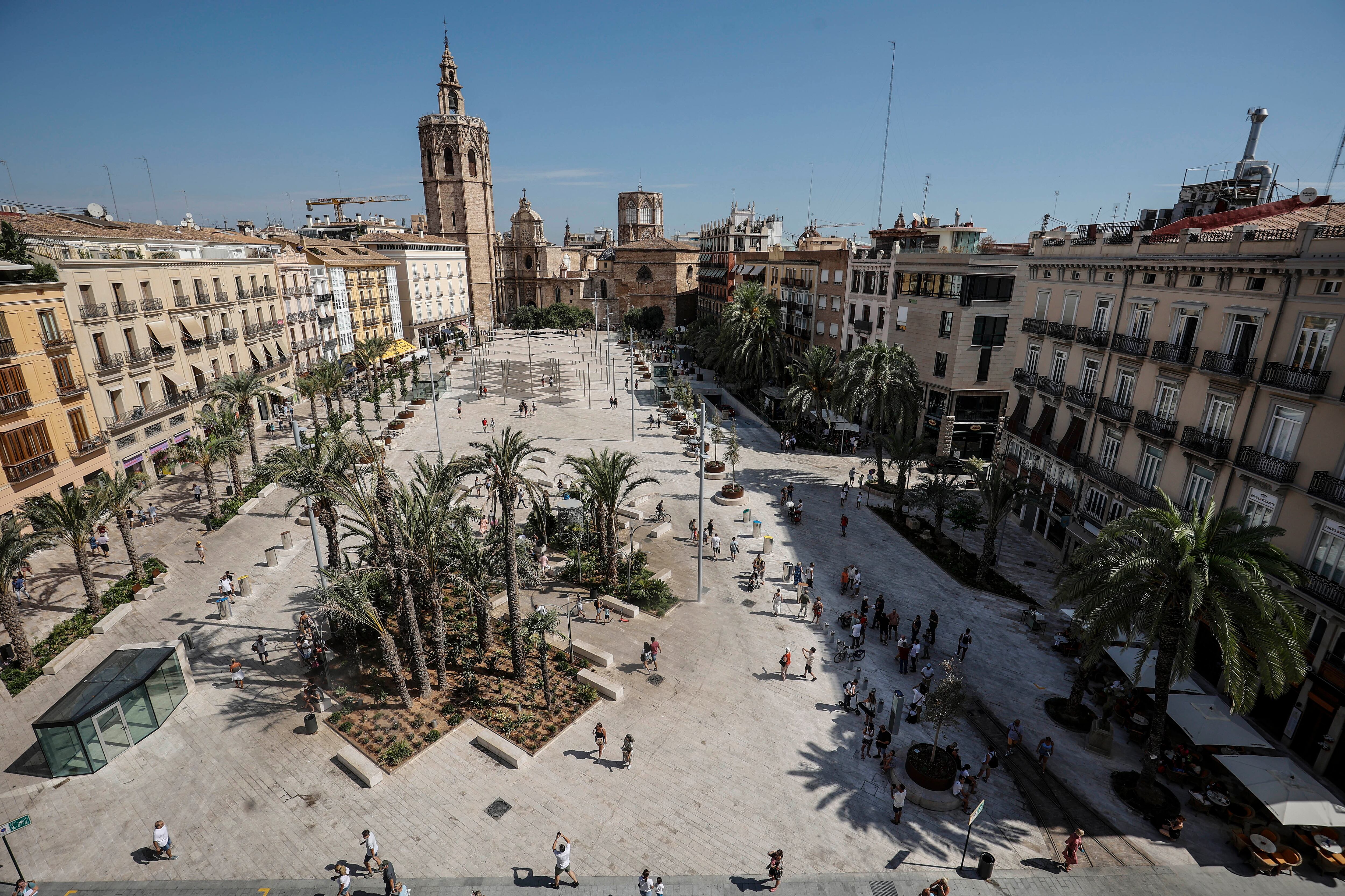 VALENCIA VALENCIAN COMMUNITY, SPAIN - AUGUST 10: General view of the new Plaza de la Reina, after the complete remodeling work, on 10 August, 2022 in Valencia, Valencian Community, Spain. The Plaza de la Reina in Valencia was reopened last July 28 for public use and subway parking. The remodeling works have allowed the pedestrianization of nearly 12,000 m2 of this emblematic enclave of the city and its access from Calle de la Pau, as well as the complete remodeling of the two-storey subway parking lot. (Photo By Rober Solsona/Europa Press via Getty Images)