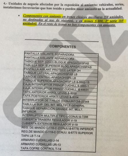 Docuemento, fechado en 2003, en el que Metro reconoce que los modelos de tren que vendió a Buenos Aires tenían amianto