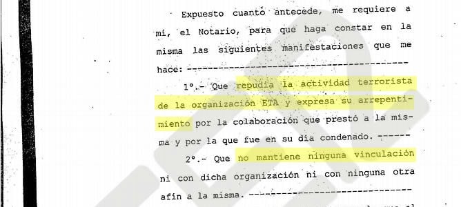 Es la primera vez que un etarra acude a un notario para levantar un acta de manifestaciones en la que consta su repudio a la violencia terrorista, su ruptura con ETA, su arrepentimiento y la petición de perdón