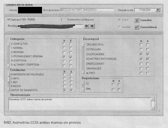 El informe señala que hay asimetrías en ambas mamas, que la prueba es "probablemente benigna" y que será derivada a unidad de diagnóstico para someterse a pruebas complementarias.