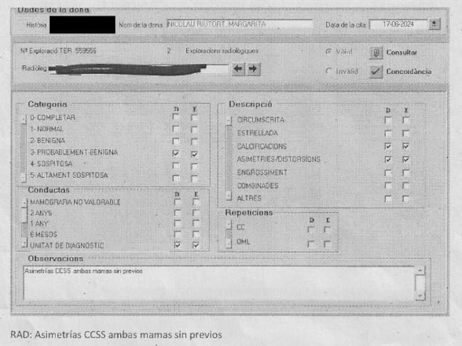 El informe señala que hay asimetrías en ambas mamas, que la prueba es "probablemente benigna" y que será derivada a unidad de diagnóstico para someterse a pruebas complementarias.